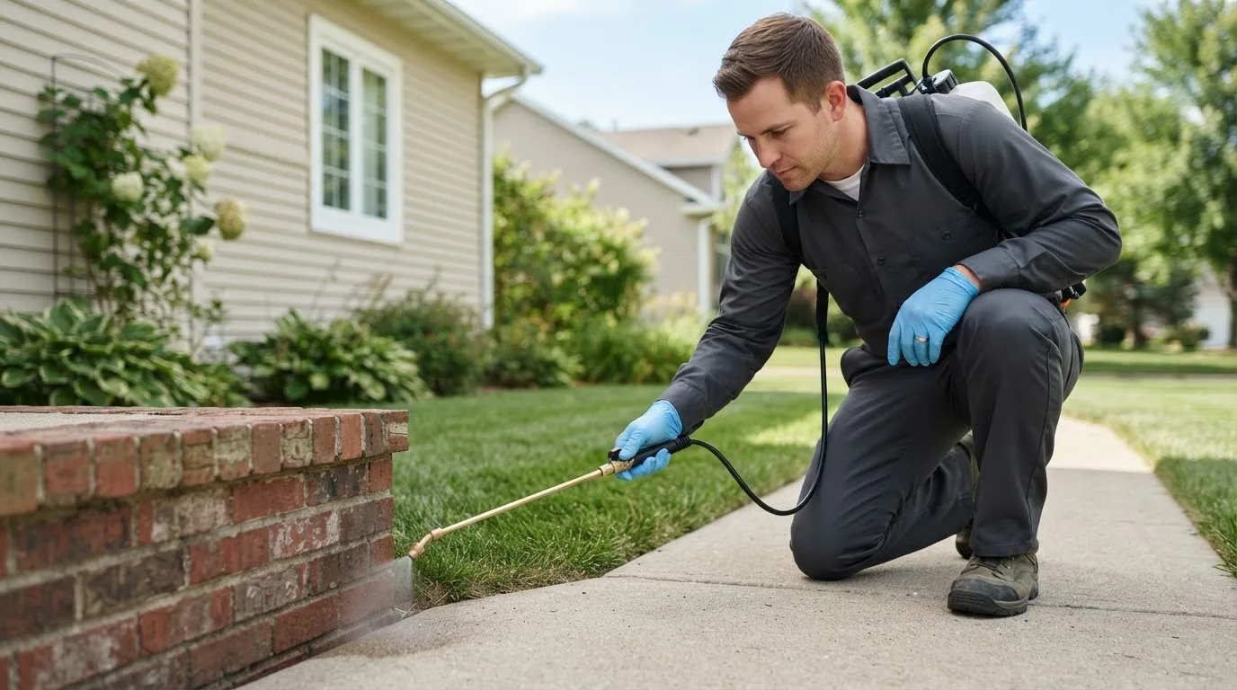Pest control technician treating a home near Grand Ridge, FL