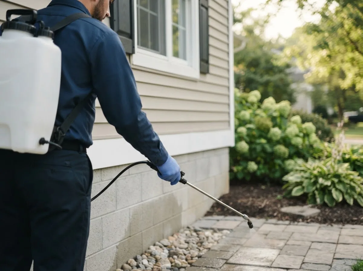 Pest control technician inspecting a home in Grand Ridge, FL